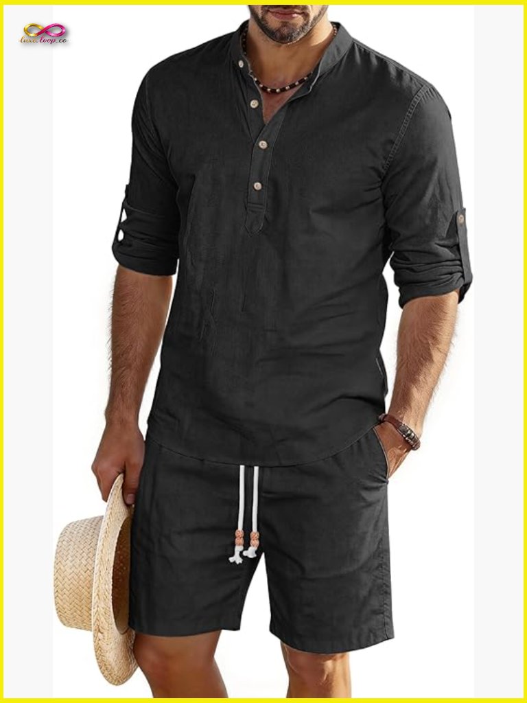 Linen Cotton 2 Piece Set Long Sleeve Henley Shirt & Shorts Summer Beach Outfit
